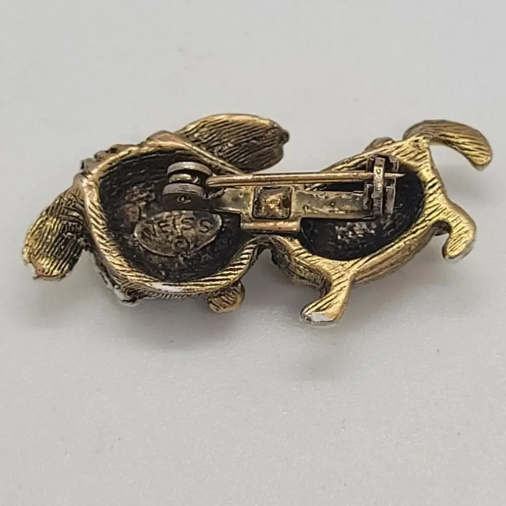Signed WEISS Shaggy Dog Brooch Gold Tone Enamel Pearl Mid Century Whimsical